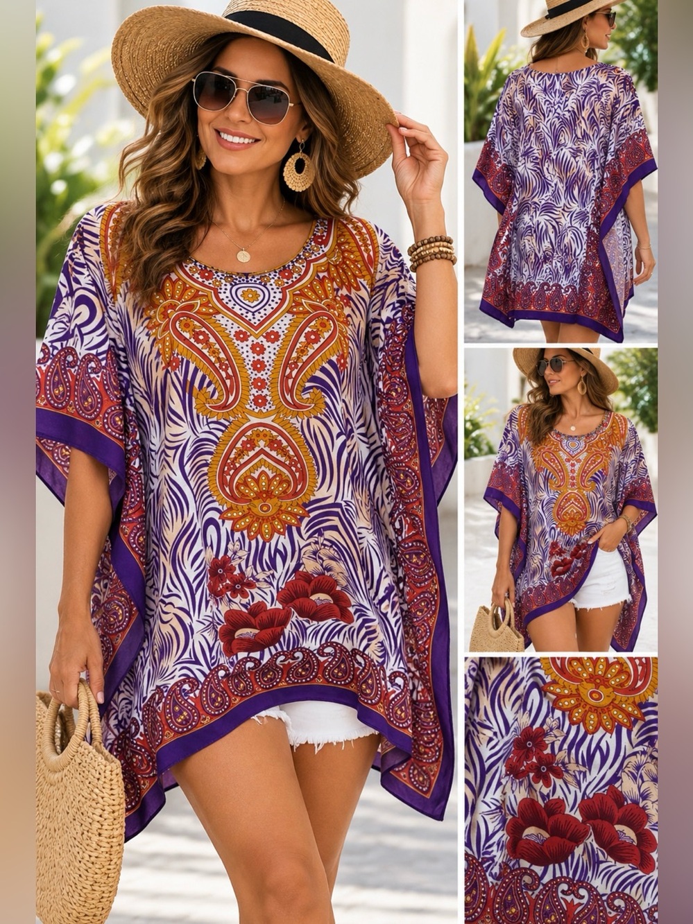 Boho Purple Floral Women’s Swim Cover-Up Tunic